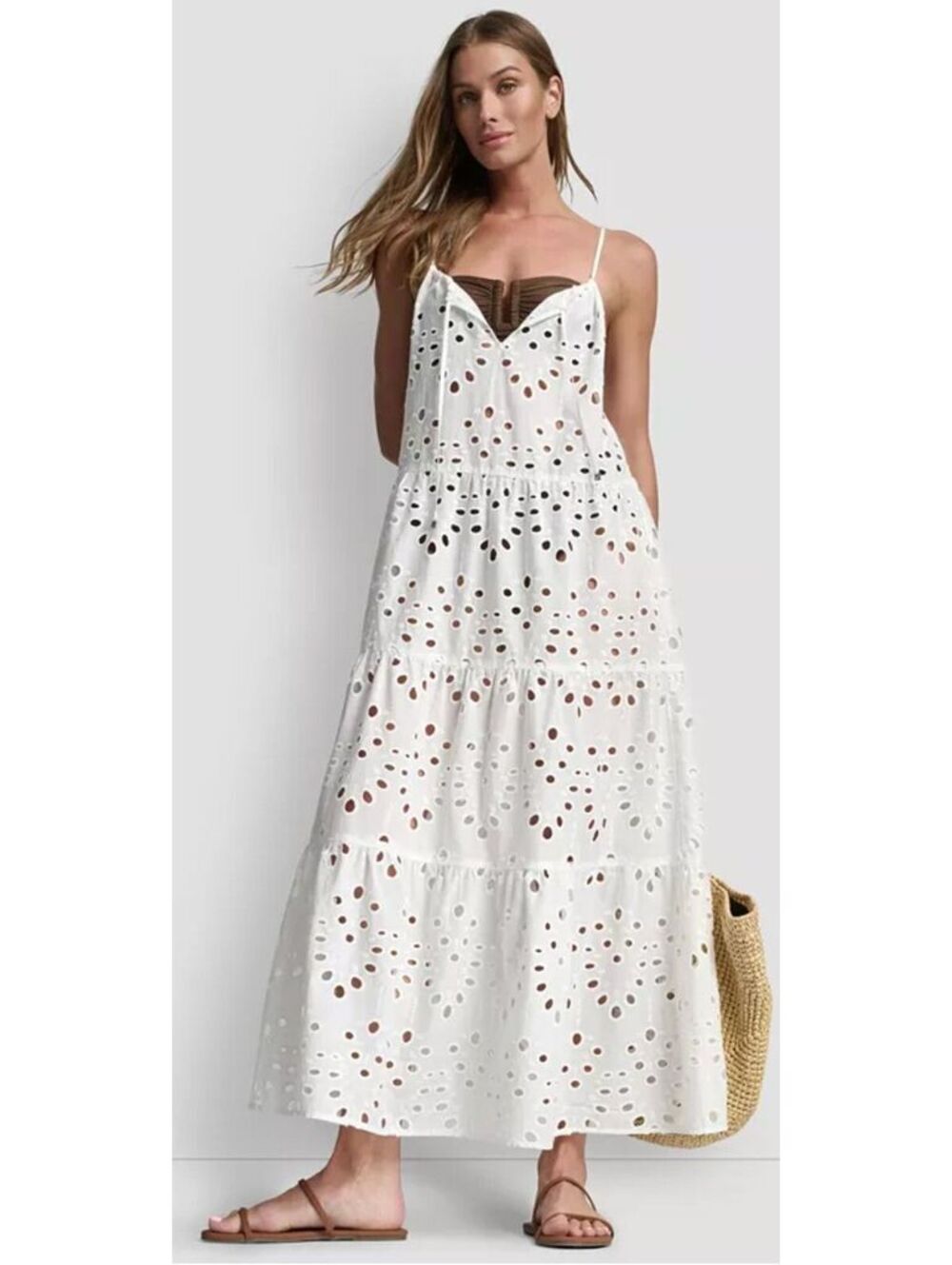 DKNY Soft White Tiered Eyelet Maxi Dress Swim Cover-Up Women Size Medium